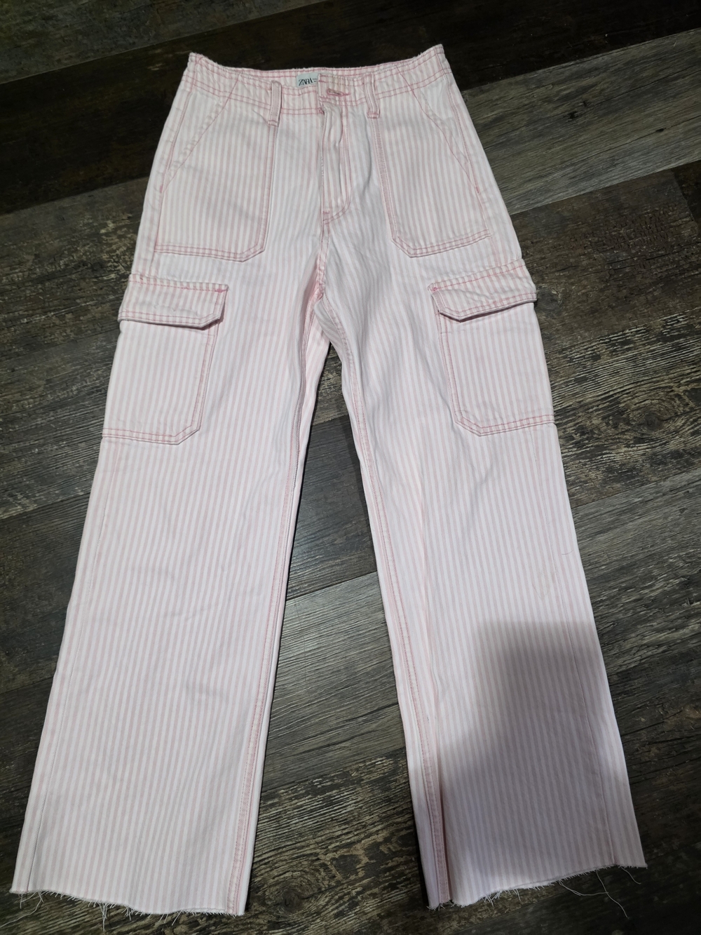 Zara Pink & White Striped Wide Leg Jeans